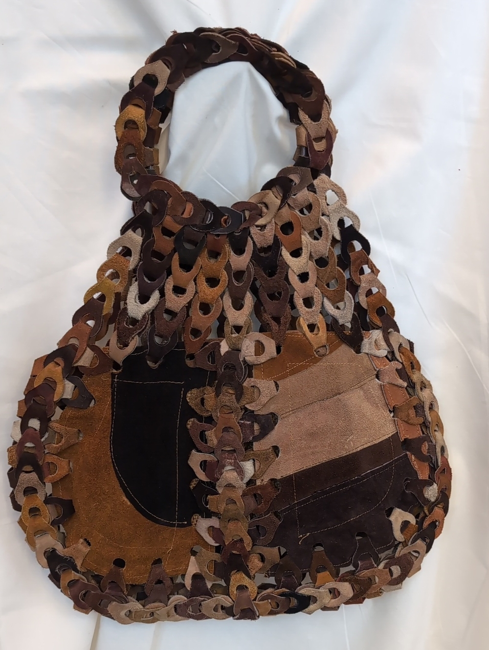 Patchwork Suede Chain-Link Shoulder Bag in Mixed Brown Tones